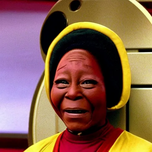 Image similar to guinan from star trek wearing random kitchen tools on her head on the starship enterprise, no hair, played by a middle aged whoopi goldberg