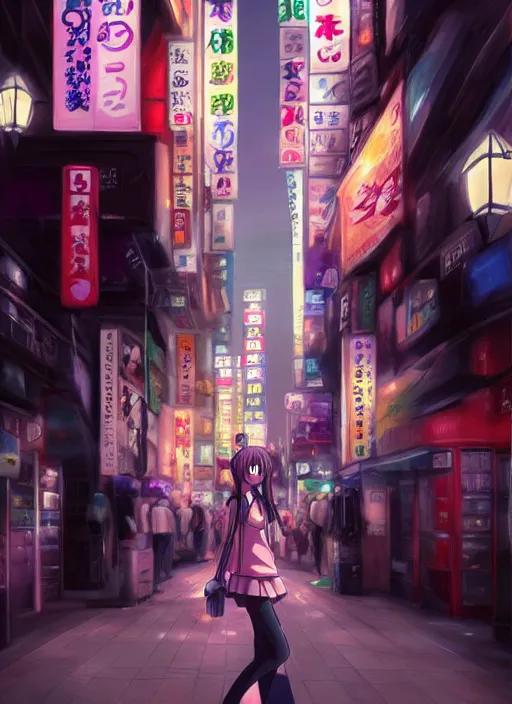 Prompt: a realistic painting of an anime girl crossing a crowded street at night in the city of Tokyo. Gorgeous realistic lighting. Atmospheric. Digital painting. Artstation.