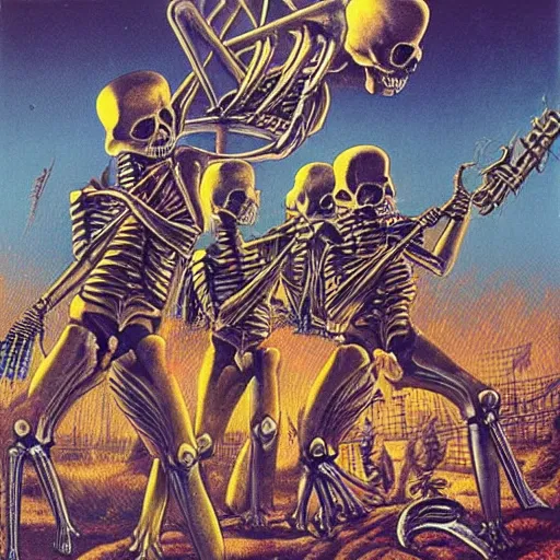 Image similar to 1 9 8 0's heavy metal album art, a funk band that's all skeletons