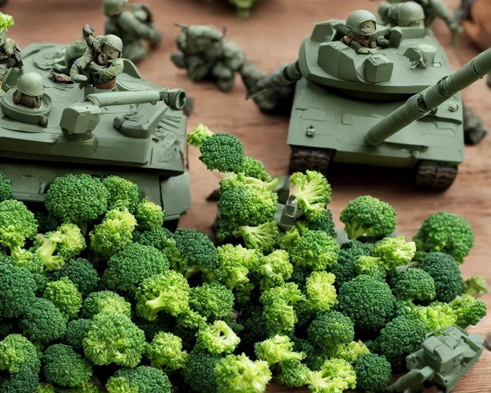 Image similar to close-up, hi-res photo of miniature toy soldiers operating a tank made out of broccoli.