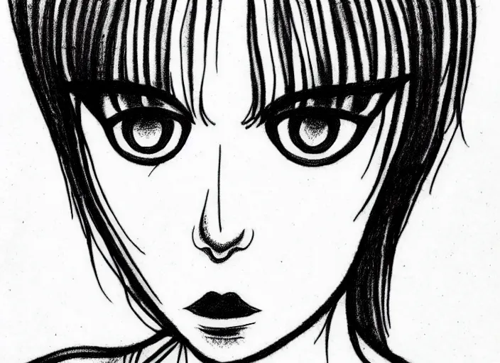 Prompt: simple tattoo design of an anxious woman drawn by junji ito, simplistic junji ito lineart black and white