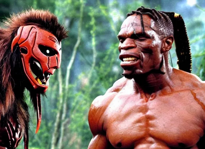 Image similar to the ultimate warrior fighting the predator, movie still, from the new predator movie, 8 k, realistic
