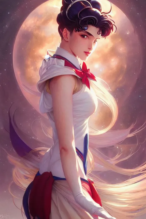 Prompt: Sailor Moon, fantasy, intricate, elegant, highly detailed, digital painting, artstation, concept art, matte, sharp focus, illustration, art by Artgerm and Greg Rutkowski and Alphonse Mucha