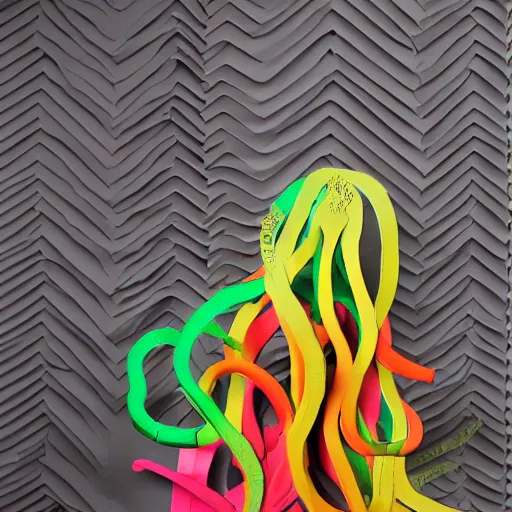 Image similar to cardboard cutout of tentacles, cut out of colored corrugated cardboard, realistic, cardboard cutout, flat, hyperrealistic photography