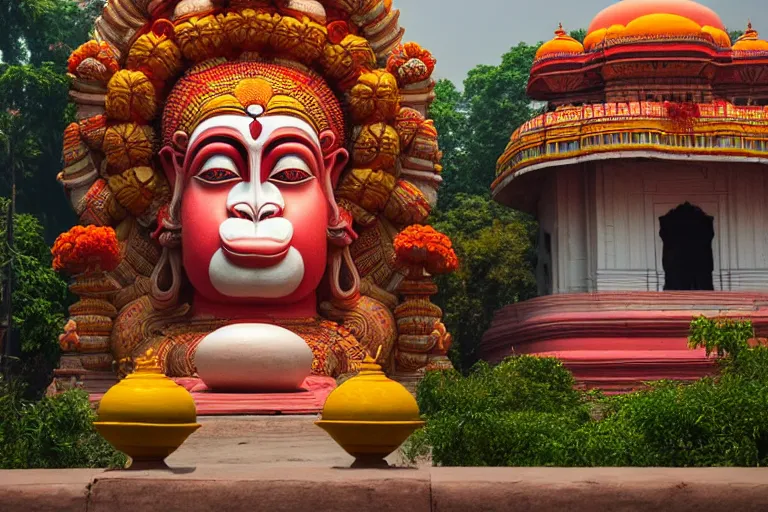 Image similar to beautiful dreamy biomorphic new delhi, hanuman!! head building, kalighat flowers, octane sharp cinematic, stephen shore & john j. park, soft morning light, wide shot, high angle, uhd 8 k, shallow depth of field