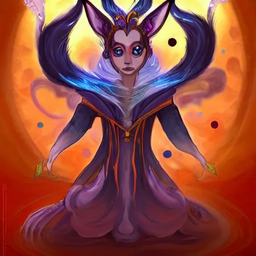 Image similar to a painted avatar portrait of an awesome cosmic powerful humanoid kitsune fox mage themed around life and death and the stars and the cosmos and dressed in elegant elven mage robes, in the style of dnd beyond avatar portraits, beautiful, artistic, elegant, lens flare, magical, lens flare, nature, realism, stylized, art by jeff easley