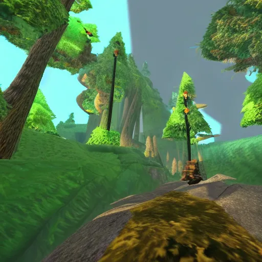 Image similar to banjo - kazooie running on a dreamy landscape resembling a forest of treetops, a jiggy at the end of the map