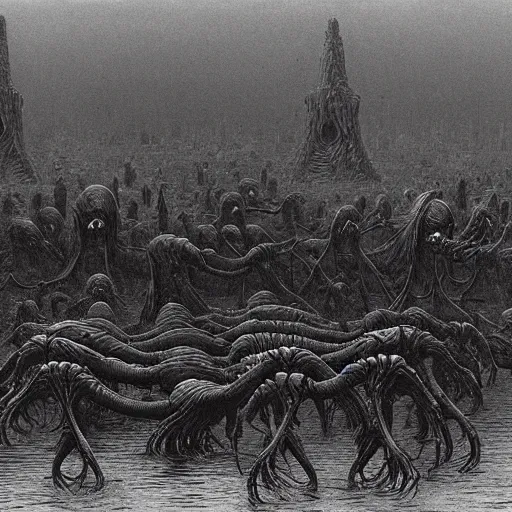 Prompt: a horde of alien clawed creatures arise from a flooded street in a deserted city by zdzisław beksinski and h. r giger