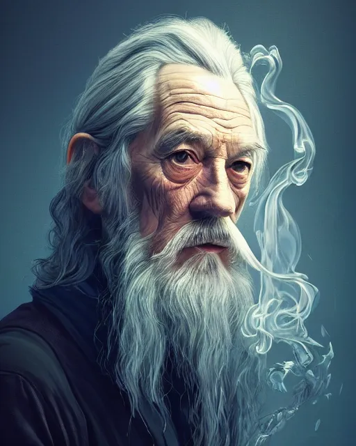 Image similar to portrait of gandalf smoking bong, intricate abstract. intricate artwork, by tooth wu, wlop, beeple, dan mumford. concept art, octane render, trending on artstation, greg rutkowski very coherent symmetrical artwork. cinematic, key art, hyper realism, high detail, octane render, 8 k, iridescent accents