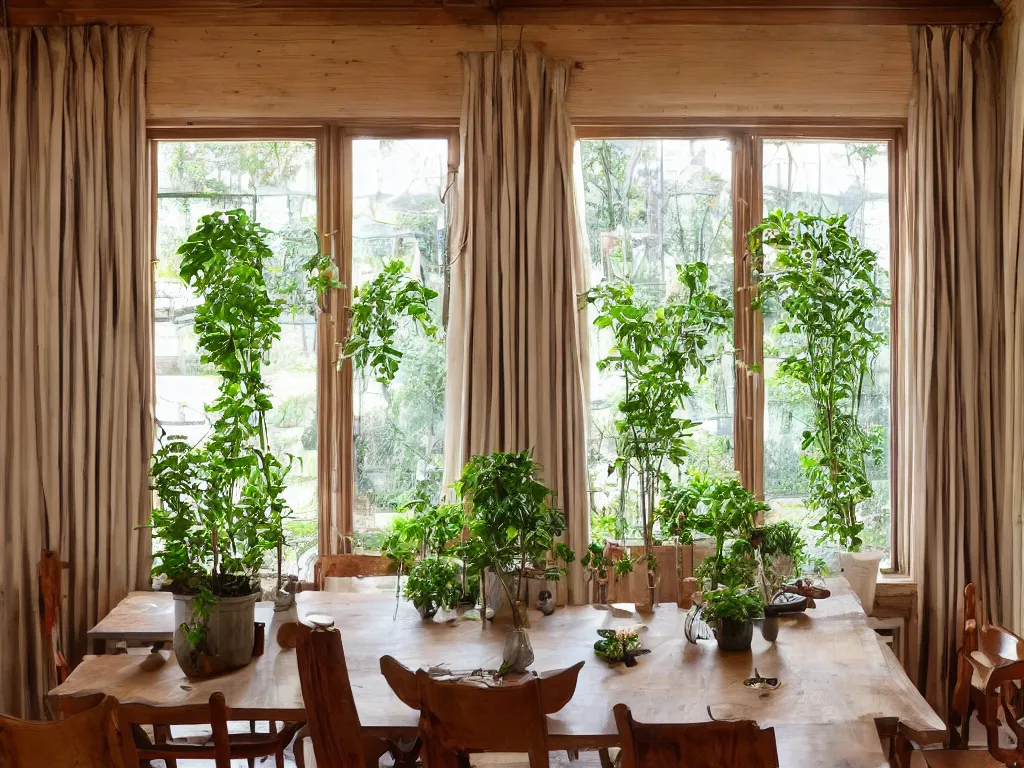 Image similar to interior shot of an old large dining room with wooden panels, large windows, lots of plants, satin curtains