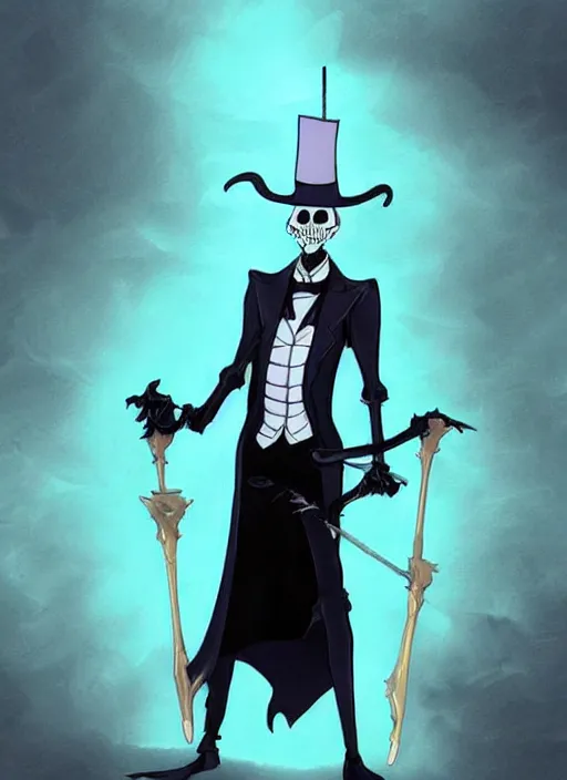 Image similar to DND character concept, Tall skeletal figure, wearing a deep black suit!!! and tie and top hat, holding a golden cane. Surrounded by light blue!!! flames!!