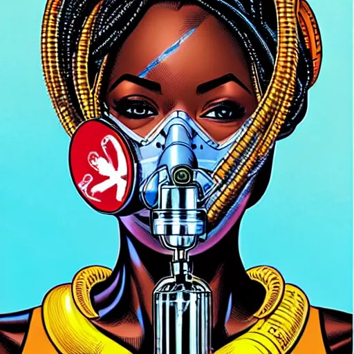 Image similar to a profile photo of a african woman with a diving oxygen mask with side profile blood in ocean intricate details by MARVEL comics and Sandra Chevrier-C