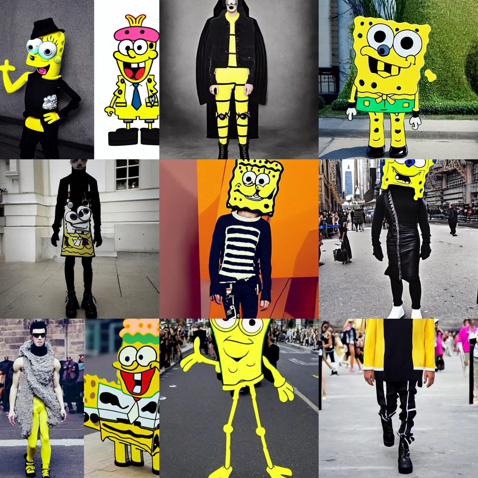 Prompt: Spongebob wearing Rick Owens clothing, avant garde fashion look and clothes, outfit photograph, trending on r/Streetwear