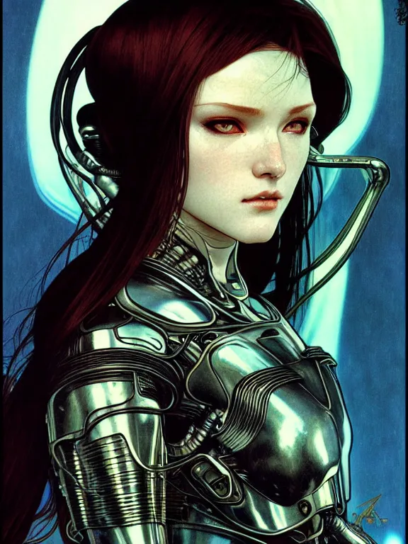 Prompt: realistic detailed face portrait of one sublime beautiful fiction heroine with few parts of alien like cyberpunk armor, minimal sleek design armor style, by moebius, alphonse mucha, ayami kojima, amano, greg hildebrandt, and mark brooks, feminine, sexy, female, seductive, art nouveau, cyberpunk, neo - gothic, gothic, character concept design,