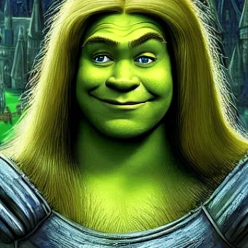 Prompt: shrek from shrek with long lush golden hair attractive muscular stylish knight in shining golden armor with long lush golden hair a strong jaw and attractive green eyes, fantasy art, hyper detailed, extremely complex, hyper realistic, similar to the mona lisa, art by leonardo devinci