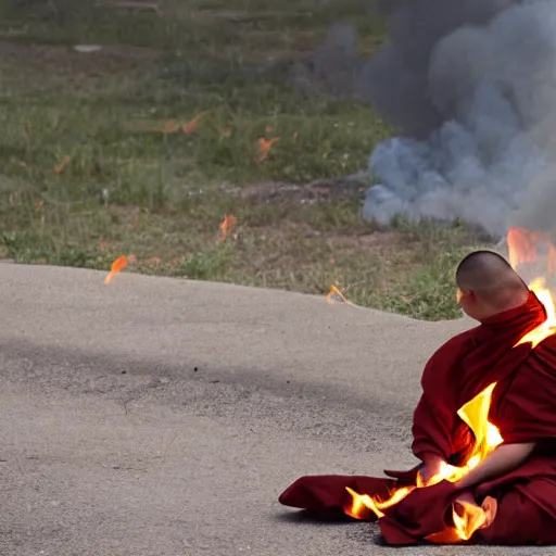 Image similar to a monk sitting while is burning and suffering