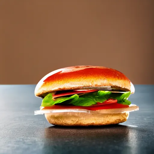 Prompt: clear crystal glass ( hamburger sandwich ) hybrid. dramatic product photography.