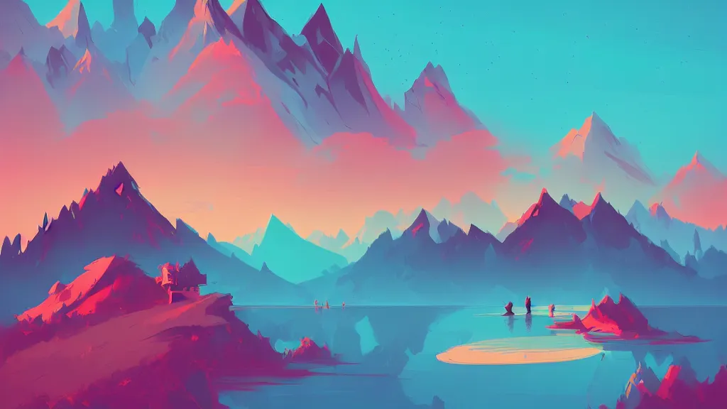 Image similar to mountains, trees, and lake, by anton fadeev