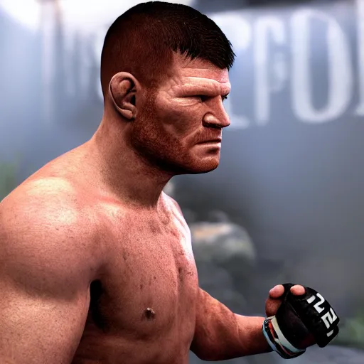 Prompt: character screenshot of ufc commentator michael bisping, npc talking, skyrim, wilderness, 1 0 8 0 p, bokeh, elder scrolls v, detailed, dialog text