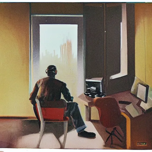 Prompt: a man begs his computer and monitor for more dalle 2 prompts. the apocalypse outside his giant apartment window. oil painting, 1 9 7 0 s