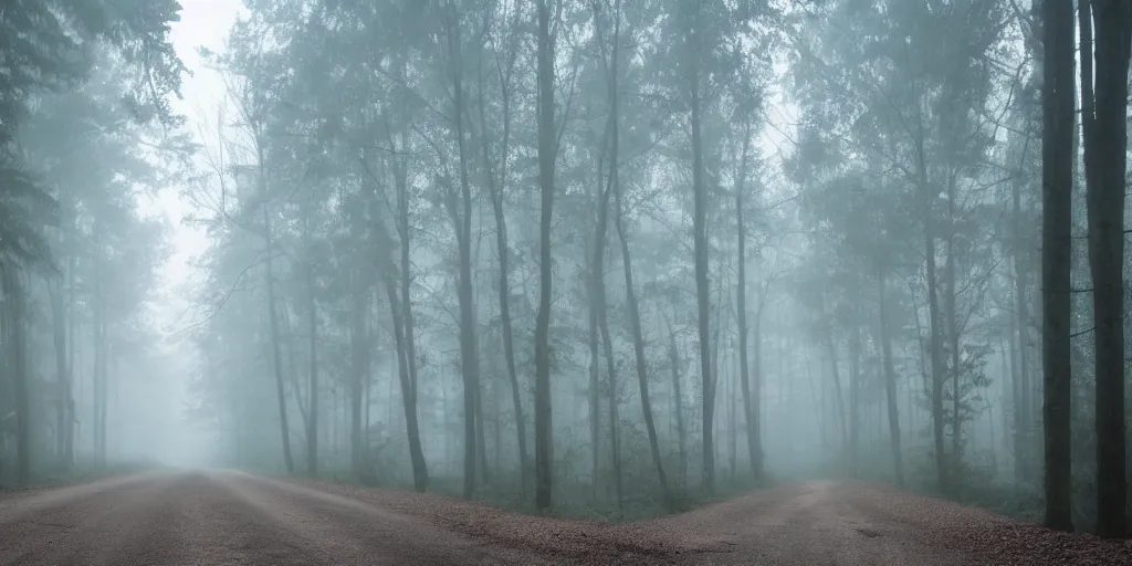 Image similar to road between tall trees, dense forest, dark night, fog, cold light