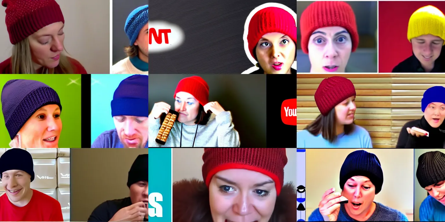 Prompt: mother wearing beanie, adult son wearing beanie, reviewing tiny kitkat bar, youtube thumbnail