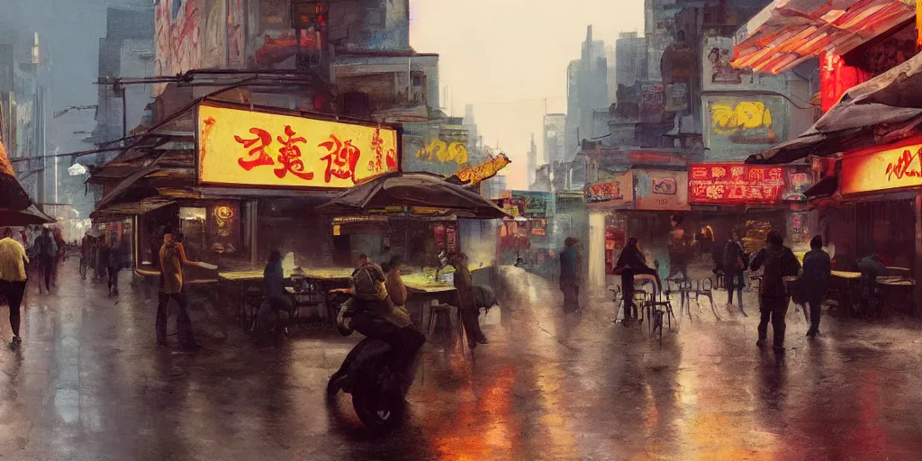 Image similar to people eating at street food noodle shop, chillwave, electronic billboards, tech noir, wet reflections, atmospheric, ambient, livia prima, greg rutkowski, edward hopper, pj crook