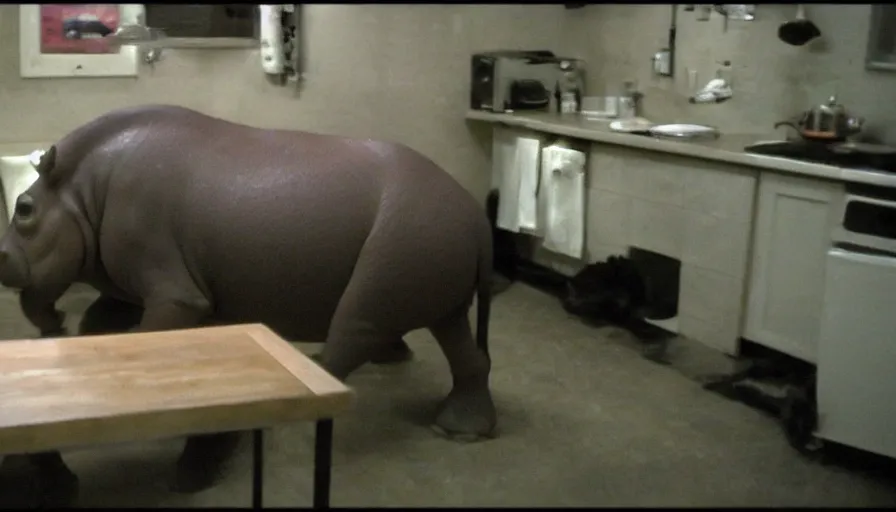 Prompt: a hippopotamus in a kitchen, by mini dv camera, very very low quality, heavy grain, very blurry, accidental flash, webcam footage, found footage, security cam, caught on trail cam