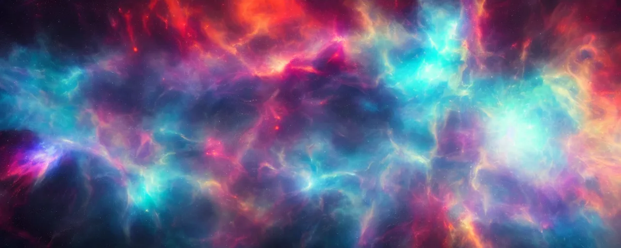 Image similar to warm colours, cinematic render of atmospheric deep space, nebula tendrils, glowing epicentre, volumetric lighting, cathrin machin