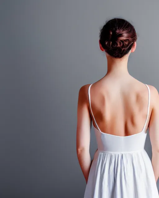 Prompt: watercolor picture of a beautiful young woman in white dress, from the back, looking at the camera, high key, 8k