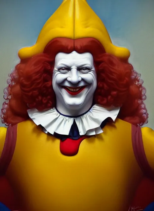 Prompt: close up portrait of ronald mcdonald, court jester, yellow jumper with white collar by artgerm, cushart krenz, greg rutkowski, mucha. art nouveau. gloomhaven, golden arches logo, pale colors, sharp edges. ultra clear detailed. 8 k. elegant, intricate, octane render