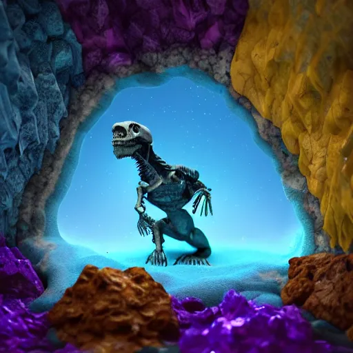 Image similar to photorealistic dinosaur skeleton inside a geode of colored crystals