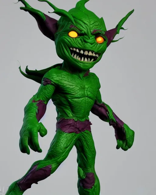 Image similar to full body 3d render of no way home green goblin as a funko pop, studio lighting, white background, blender, trending on artstation, 8k, highly detailed