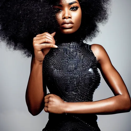 Image similar to close up of a black female fashion model with huge hair in year 3000 with edgy robotic black dress, photography , official versace editorial , highly detailed