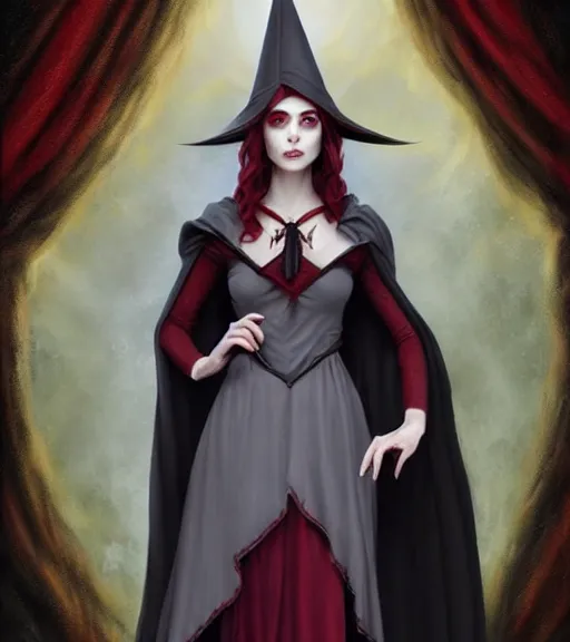 Prompt: Full body Portrait of gorgeous young Witch, with dark grey hair, pale skin, red eyes, classical witch robe, magic broom, pointy witch hat, visible face, magical cauldron, D&D, DND, extremely detailed, detailed face, modest, high fantasy, matte painting, by artgerm and Craig Mullins, James Jean and Clyde Caldwell, trending on artstation artstationHD, artstationHQ, cgsociety, HD 16K, octane