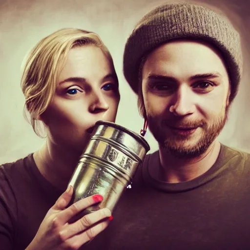 Image similar to a highly detailed portrait of a couple holding a tin can, blonde hair, trending on artstation,