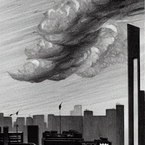 Prompt: an engraving of a storm battering a light tower skyscrapper, brutalism, in city downtown by edward hopper