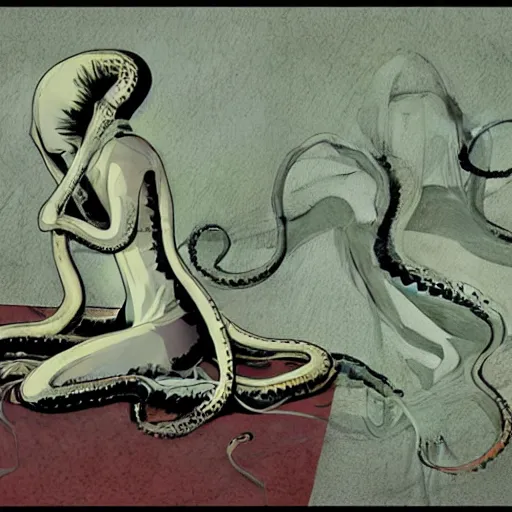 Prompt: a sad girl with octopus tentacles instead of limbs sitting on the floor, illustration by Dave McKean