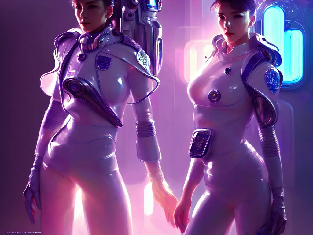 Image similar to portrait futuristic mercury police uniform female, in a future huge spaceship internal, neon light, ssci - fi and fantasy, intricate and very very beautiful and elegant, highly detailed, digital painting, artstation, concept art, smooth and sharp focus, illustration, art by tan zi and ayanamikodon and alphonse mucha and wlop