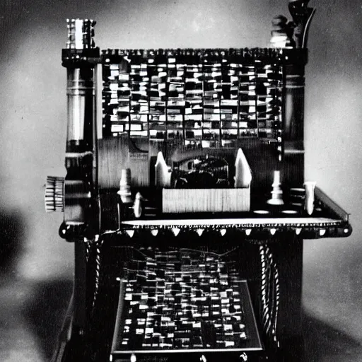 Prompt: an archival print of a chess machine with cables and screens