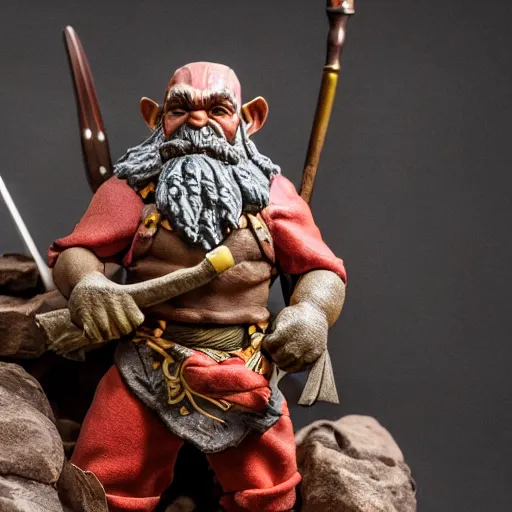 Image similar to high - res photograph of a claymation sculpture action figure warrior dwarf, highly detailed sculpey diorama, smooth, sharp foccus, commercial product photography,