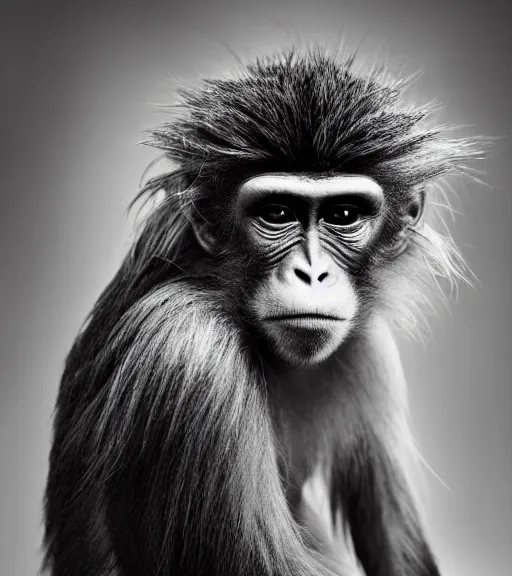 Image similar to Award winning Editorial photograph of Early-medieval Scandinavian Folk monkey with incredible hair and fierce hyper-detailed eyes by Lee Jeffries, 85mm ND 4, perfect lighting, wearing traditional garb, With huge sharp jagged Tusks and sharp horns, gelatin silver process