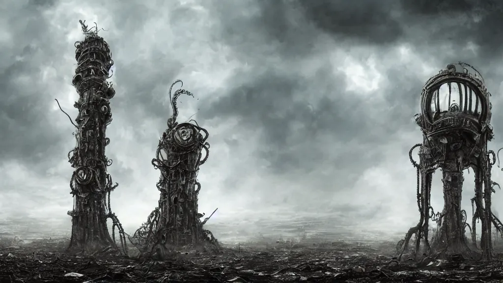 Image similar to A tower with an Eyeball at the top, BioMechanical like Giger, with tentacles coming out, looking over a stormy post-apocalyptic wasteland, dystopian art, wide lens