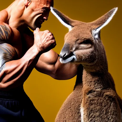 Image similar to dwayne johnson fighting a kangaroo, portrait, studio photography, studio lighting, high detail, 8 k