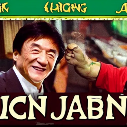 Image similar to Jackie Chan and Shaq cannabis mukbang iron chef 1996 DVD rip