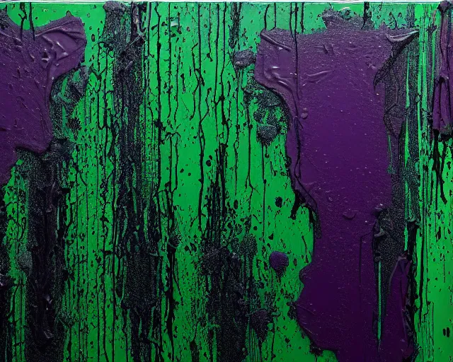 Prompt: abstract painting in black, dark green, purple, painted by Pat Steir, abstract painting. 8k, dripping paint, paint spill, extreme detail, intricate detail, masterpiece, trending on artstation,