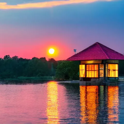 Prompt: a small house by the lake on a beautiful summer night, lanterns, sunset