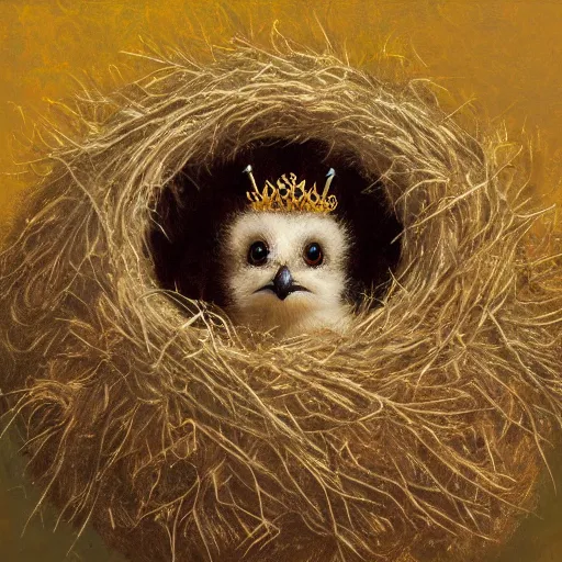 Image similar to soulful long shot of a cute fluffy furry sparrow chick nesting in a golden floral metal crown, by esao andrews, by m. w. kaluta, volumetric light, rich colors, very humorous oil painting, realistic reflections, smooth, concept art, depth perception, high depth of field, 4 k, unreal engine 5, ultradetailed, hyperrealistic, trending on artstation