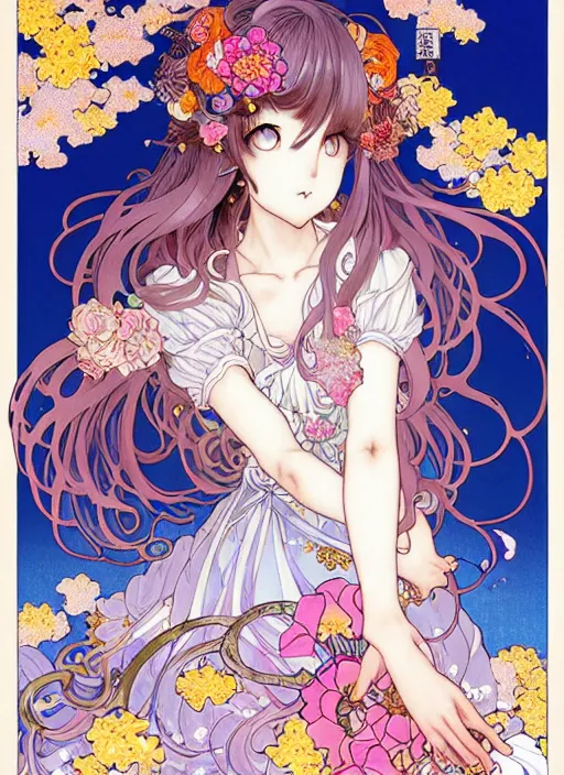 Image similar to exquisite imaginative manga poster art of cat girl, long wavy hair, flowers, rococo dress, pearlescent, shimmering, by kojima ayami, shigenori soejima, takeshi obata, alphonse mucha, jump comics, shogakukan, art nouveau, illustration, artstation, highly detailed, 8 k, colorful, maximalist