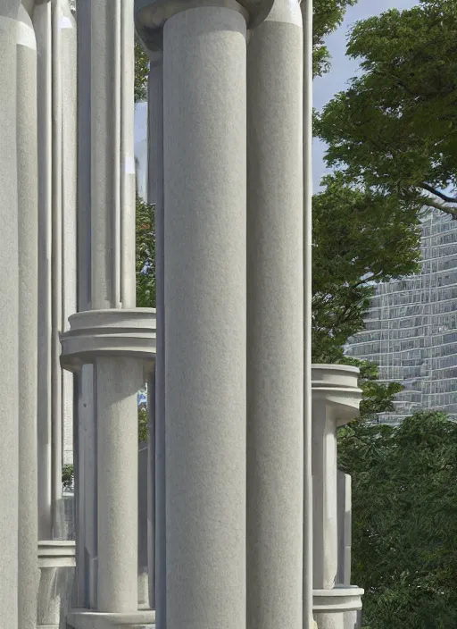 Image similar to highly detailed realistic architecture 3 d render of a futuristic stele column monument in frank lloyd wright style standing in city park, archdaily, made in unreal engine 4 octane render